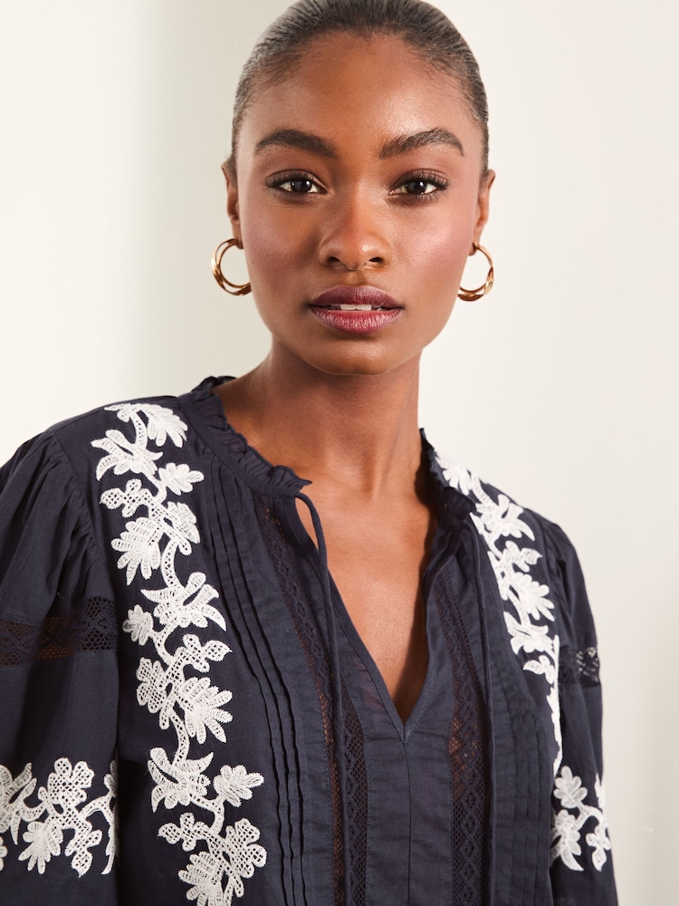 Lipsy Navy Blue 3/4 Sleeve Embroidered Tie Neck Blouse - Image 2 of 4 Lipsy Navy Blue 3/4 Sleeve Embroidered Tie Neck Blouse - Image 2 of 4