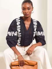 Lipsy Navy Blue 3/4 Sleeve Embroidered Tie Neck Blouse - Image 3 of 4