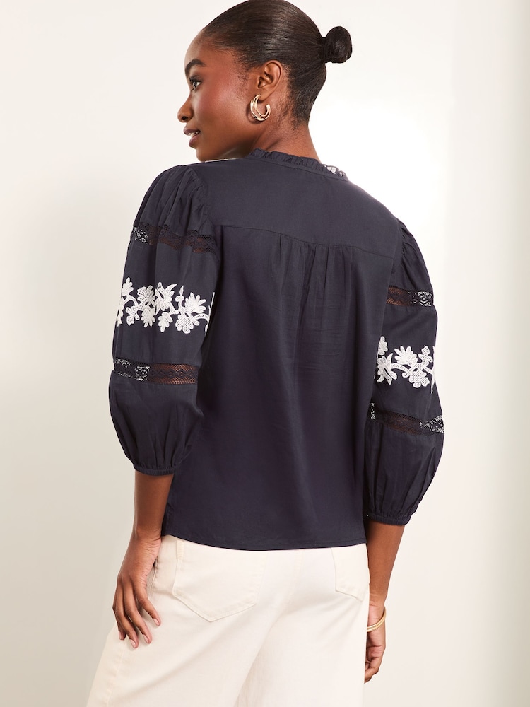 Lipsy Navy Blue 3/4 Sleeve Embroidered Tie Neck Blouse - Image 4 of 4 Lipsy Navy Blue 3/4 Sleeve Embroidered Tie Neck Blouse - Image 4 of 4