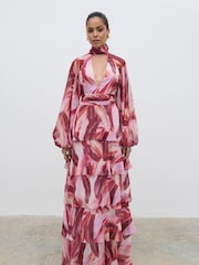 Pretty Lavish Pink Anya Plunge Neck Tied Waist Ruffle Maxi Dress - Image 1 of 6