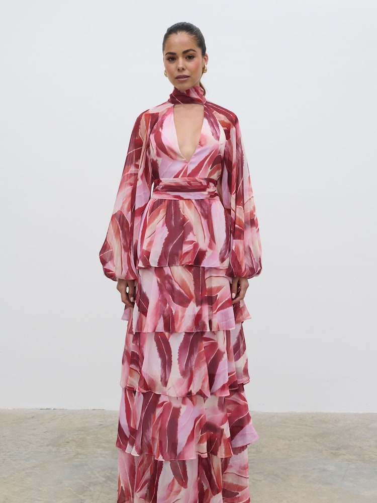 Pretty Lavish Pink Anya Plunge Neck Tied Waist Ruffle Maxi Dress - Image 1 of 6