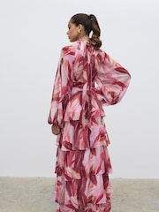 Pretty Lavish Pink Anya Plunge Neck Tied Waist Ruffle Maxi Dress - Image 2 of 6