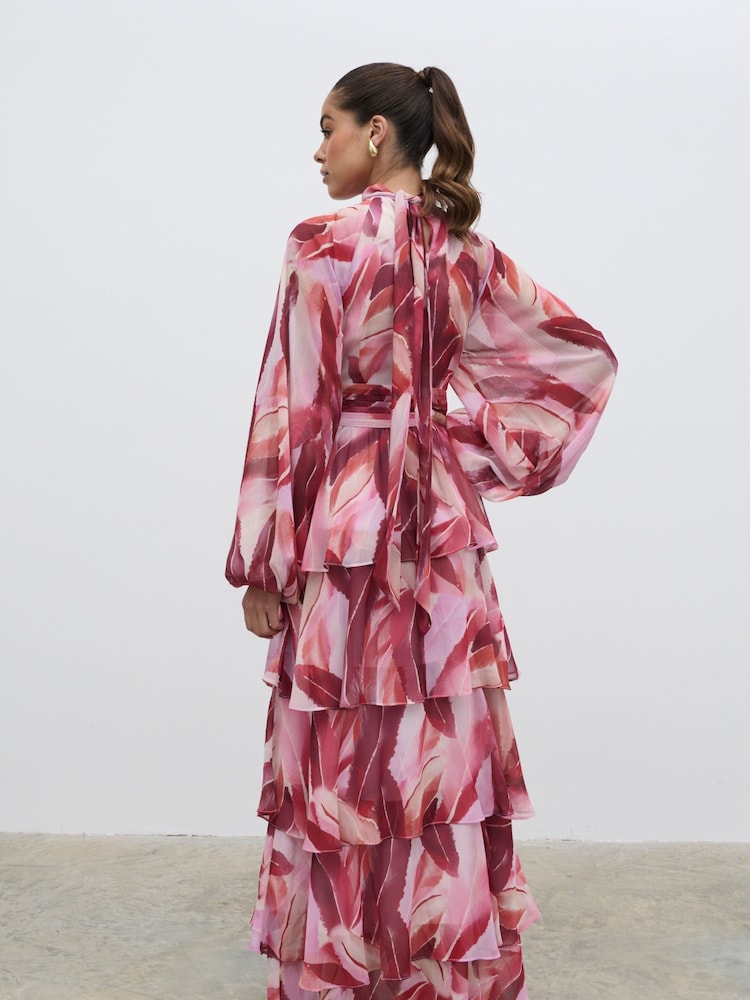 Pretty Lavish Pink Anya Plunge Neck Tied Waist Ruffle Maxi Dress - Image 2 of 6