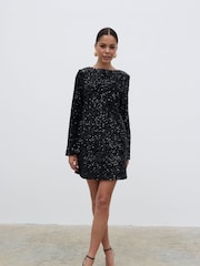 Pretty Lavish Black Bow Cluster Sequin Shift Dress - Image 1 of 5