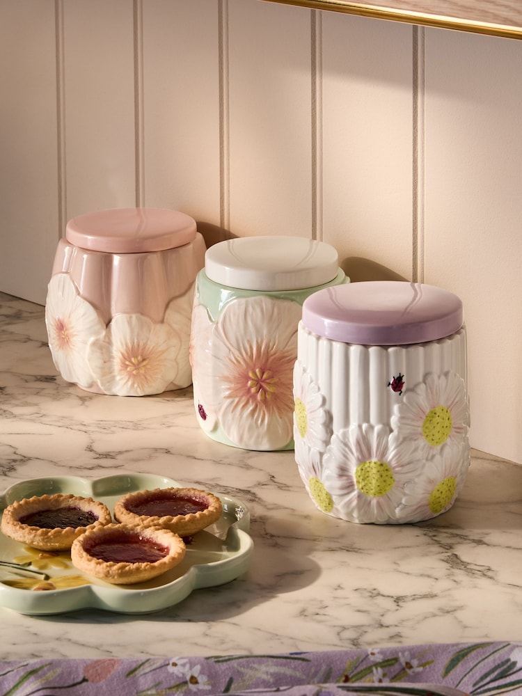 Set of 3 Pastel Lila Floral Storage Jars - Image 2 of 5