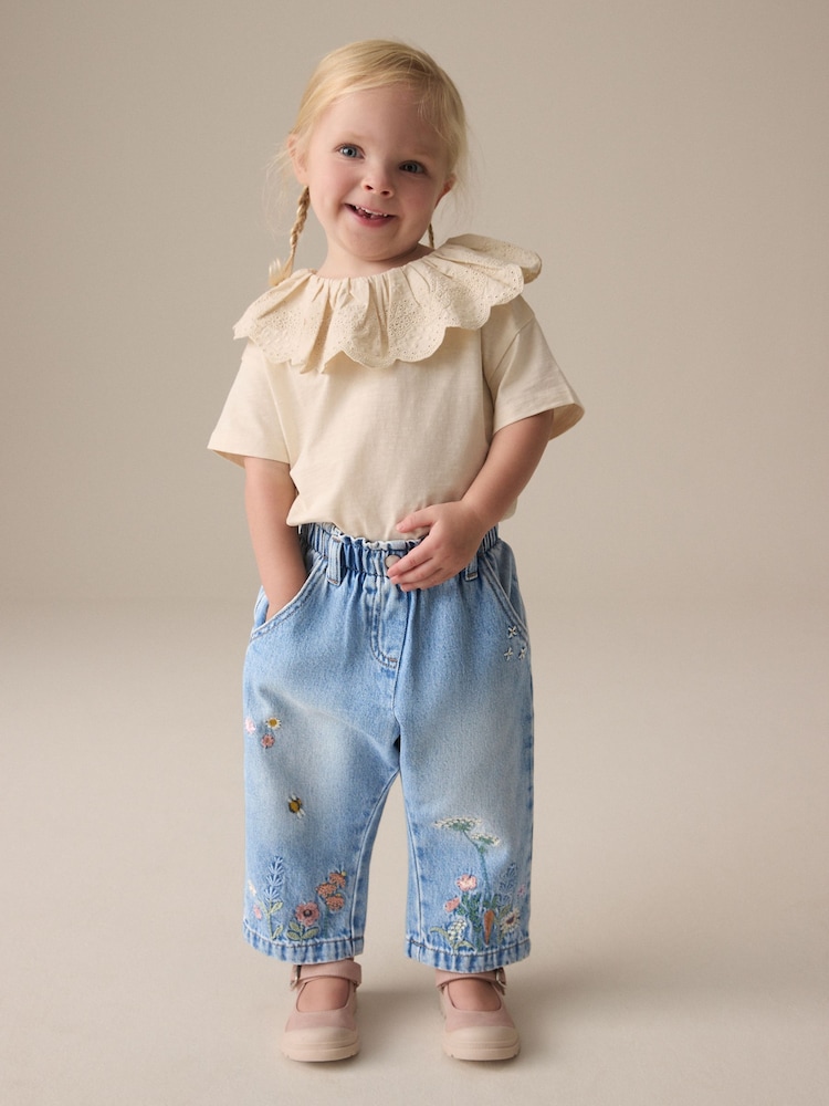 Denim Floral Print Embroidered Barrel-Leg Jeans (3mths-7yrs) - Image 3 of 10