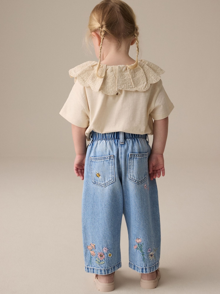 Denim Floral Print Embroidered Barrel-Leg Jeans (3mths-7yrs) - Image 4 of 10