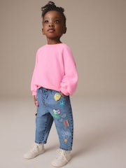 Mid Blue Denim Pull-On Embroidered 100% Cotton Jeans (3mths-7yrs) - Image 2 of 8