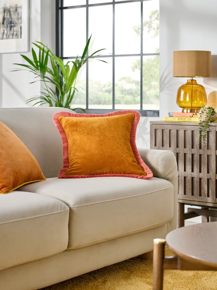 Orange/Pink Soft Velour Contrast Fringe 45 x 45cm Cushion - Image 1 of 4