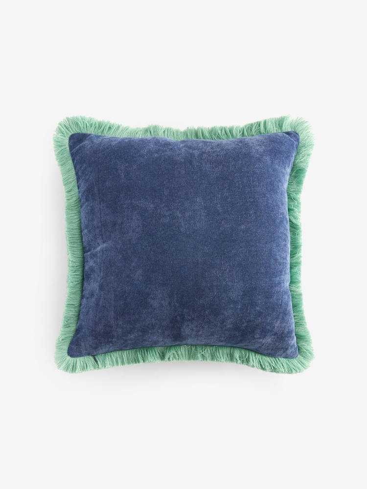 Blue/Green Soft Velour Contrast Fringe 45 x 45cm Cushion - Image 4 of 4