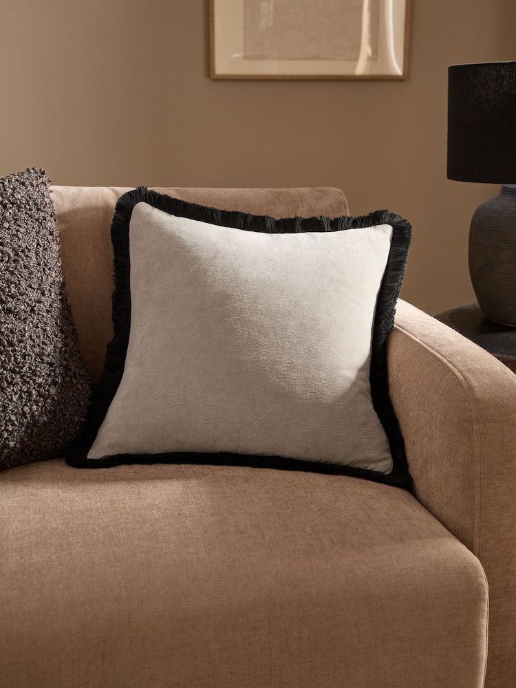 Stone/Black Soft Velour Contrast Fringe 45 x 45cm Cushion - Image 1 of 4