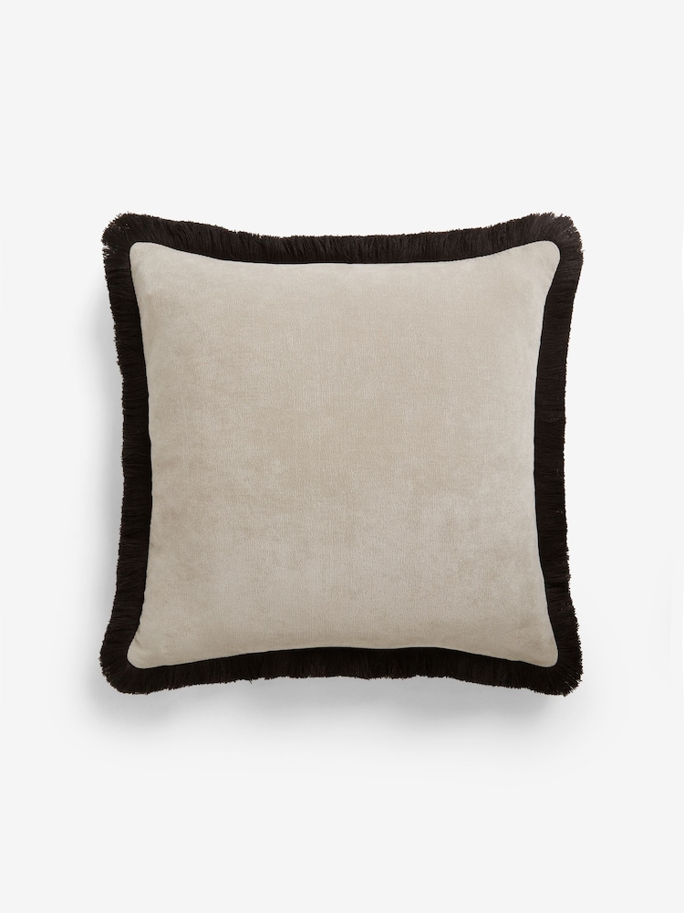 Stone/Black Soft Velour Contrast Fringe 45 x 45cm Cushion - Image 3 of 4
