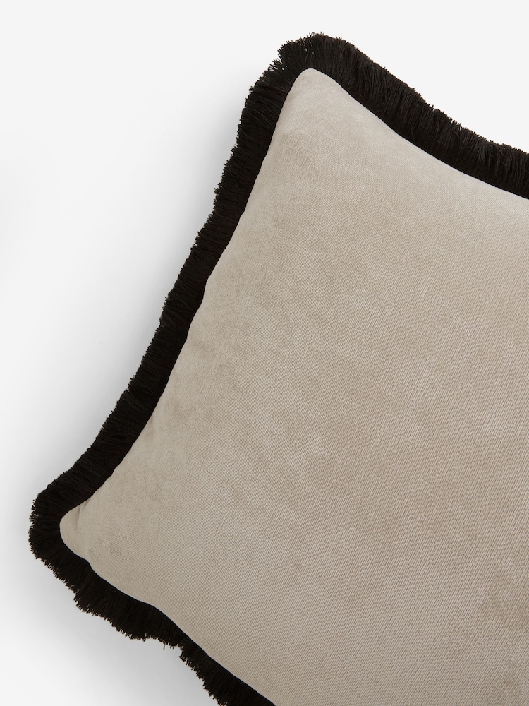 Stone/Black Soft Velour Contrast Fringe 45 x 45cm Cushion - Image 4 of 4