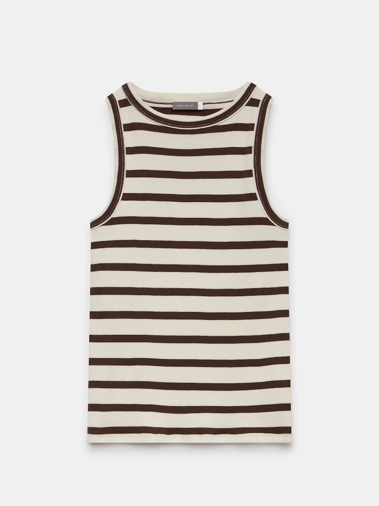 Mint Velvet Brown Cotton Striped Vest Top - Image 3 of 3
