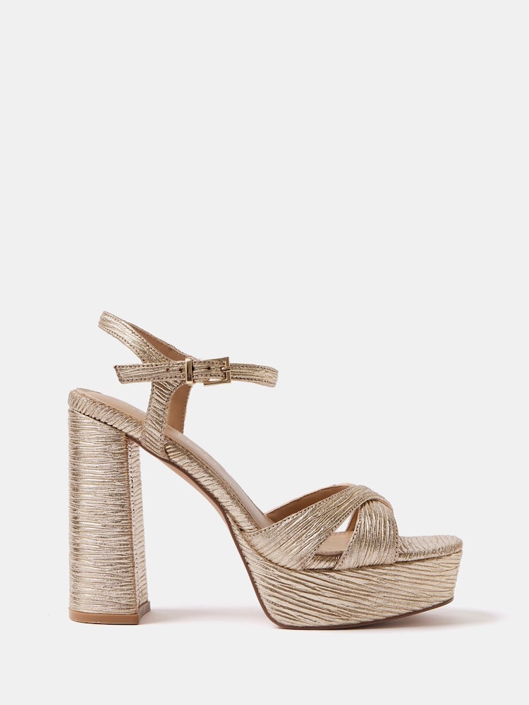 Mint Velvet Gold Metallic Plissé Block Heels - Image 1 of 2 Mint Velvet Gold Metallic Plissé Block Heels - Image 1 of 2