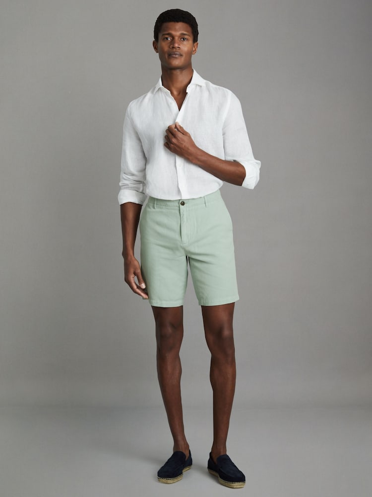 Reiss Mint Ezra Cotton Linen Blend Internal Drawstring Shorts - Image 1 of 6