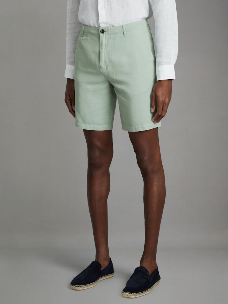 Reiss Mint Ezra Cotton Linen Blend Internal Drawstring Shorts - Image 3 of 6