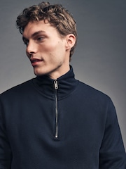 Navy Blue Quarter Zip Textured Funnel Sweatshirt - Image 1 of 10