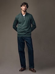 Green Zip Neck Quarter Zip Textured Funnel Sweatshirt - Image 1 of 8