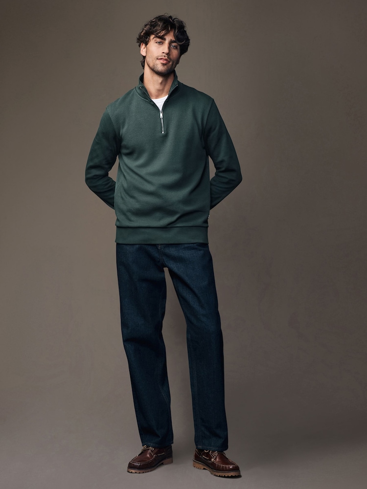 Green Zip Neck Quarter Zip Textured Funnel Sweatshirt - Image 1 of 8