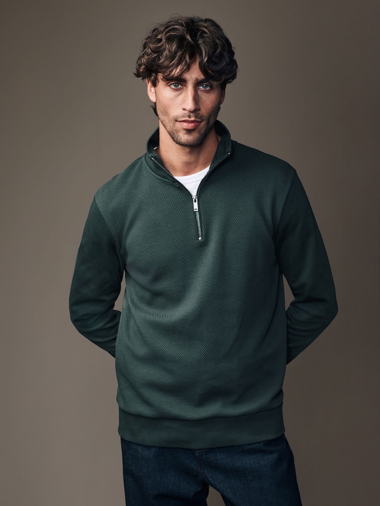 Green Zip Neck Quarter Zip Textured Funnel Sweatshirt - Image 2 of 8