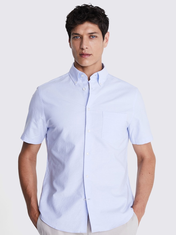 MOSS Blue Short Sleeve Washed Oxford 100% Cotton Shirt - Image 1 of 4