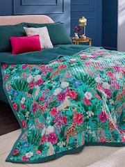Teal Blue Floral Zebra Print Quilted Velvet Bedspread - Image 1 of 6
