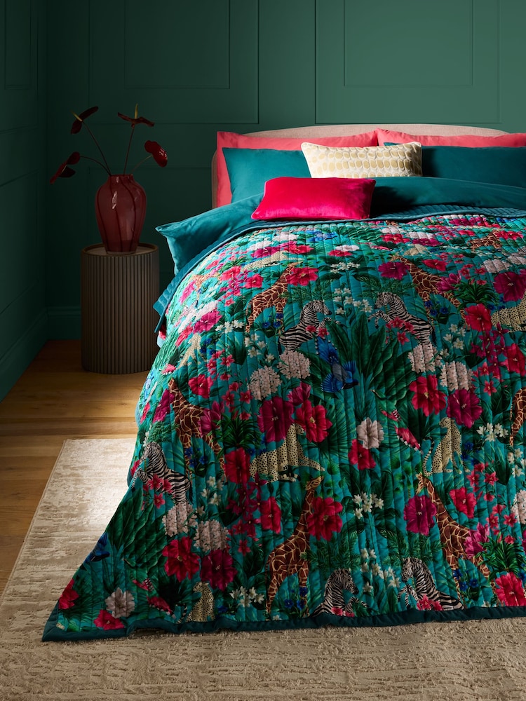 Teal Blue Floral Zebra Print Quilted Velvet Bedspread - Image 1 of 6