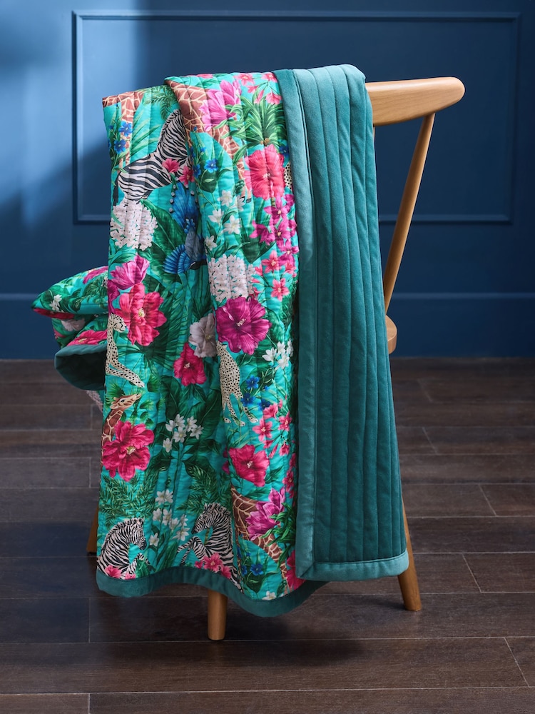 Teal Blue Floral Zebra Print Quilted Velvet Bedspread - Image 2 of 6