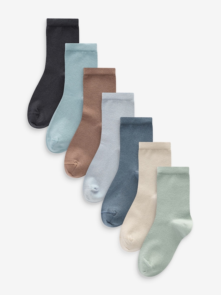 Blue/Neutral/Mineral Cotton Rich Plain Socks 7 Pack - Image 1 of 8