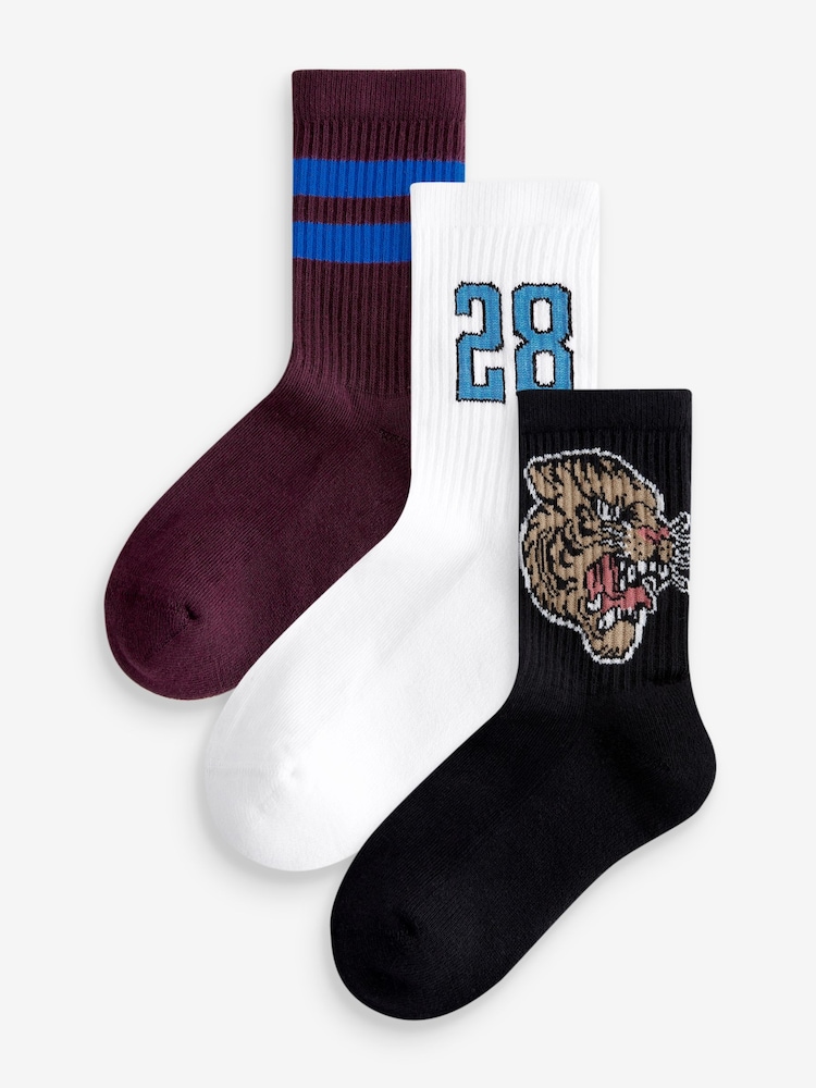 Varsity Tiger Cushioned Footbed Cotton Rich Ribbed Socks 3 Pack - Image 1 of 4