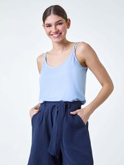 Roman Blue Plain Double Strap Stretch Vest Top - Image 1 of 5