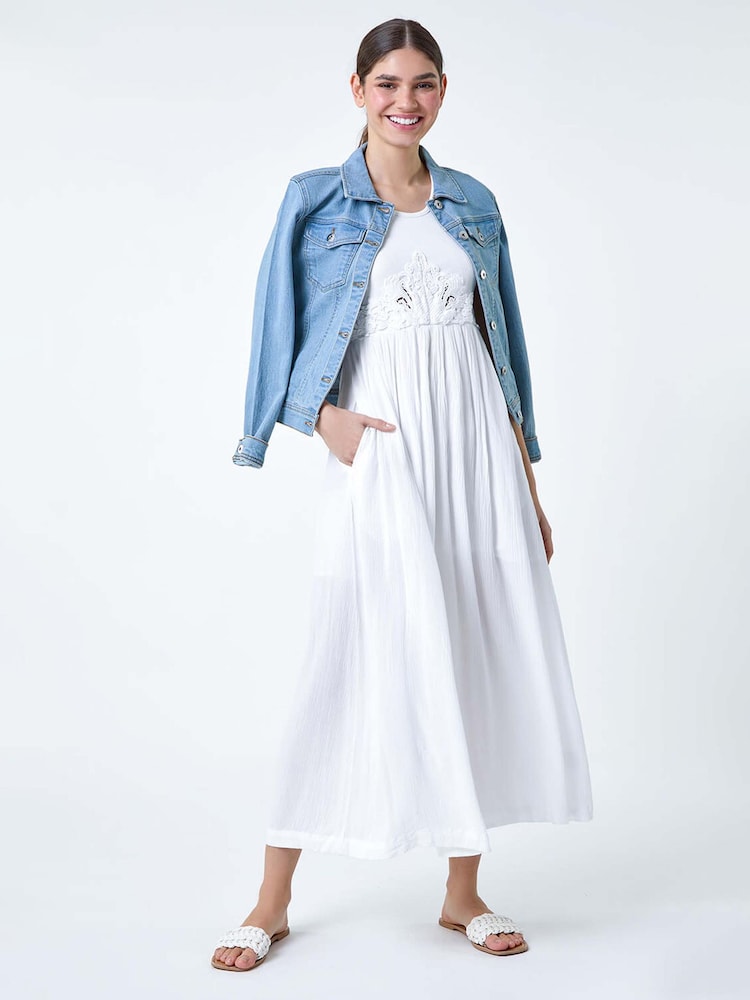 Roman White Cotton Blend Lace Detail Midi Dress - Image 1 of 5
