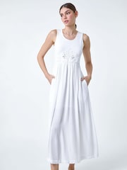 Roman White Cotton Blend Lace Detail Midi Dress - Image 2 of 5