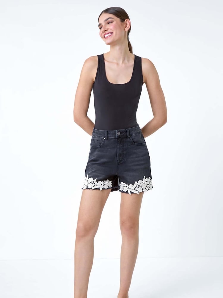 Roman Black Lace Detail Denim Stretch Shorts - Image 2 of 5