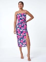 Roman Pink Floral Linen Look Ruched Midi Dress - Image 1 of 5