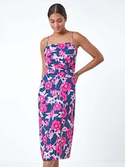 Roman Pink Floral Linen Look Ruched Midi Dress - Image 2 of 5