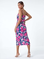Roman Pink Floral Linen Look Ruched Midi Dress - Image 3 of 5