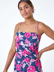 Roman Pink Floral Linen Look Ruched Midi Dress - Image 4 of 5