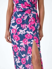 Roman Pink Floral Linen Look Ruched Midi Dress - Image 5 of 5