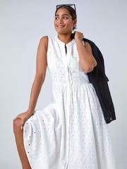 Roman White Floral 100% Cotton Broderie Midi Dress - Image 1 of 5