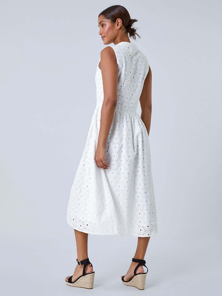 Roman White Floral 100% Cotton Broderie Midi Dress - Image 3 of 5