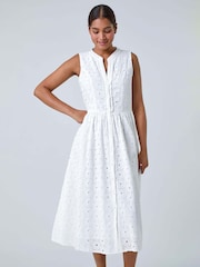 Roman White Floral 100% Cotton Broderie Midi Dress - Image 4 of 5