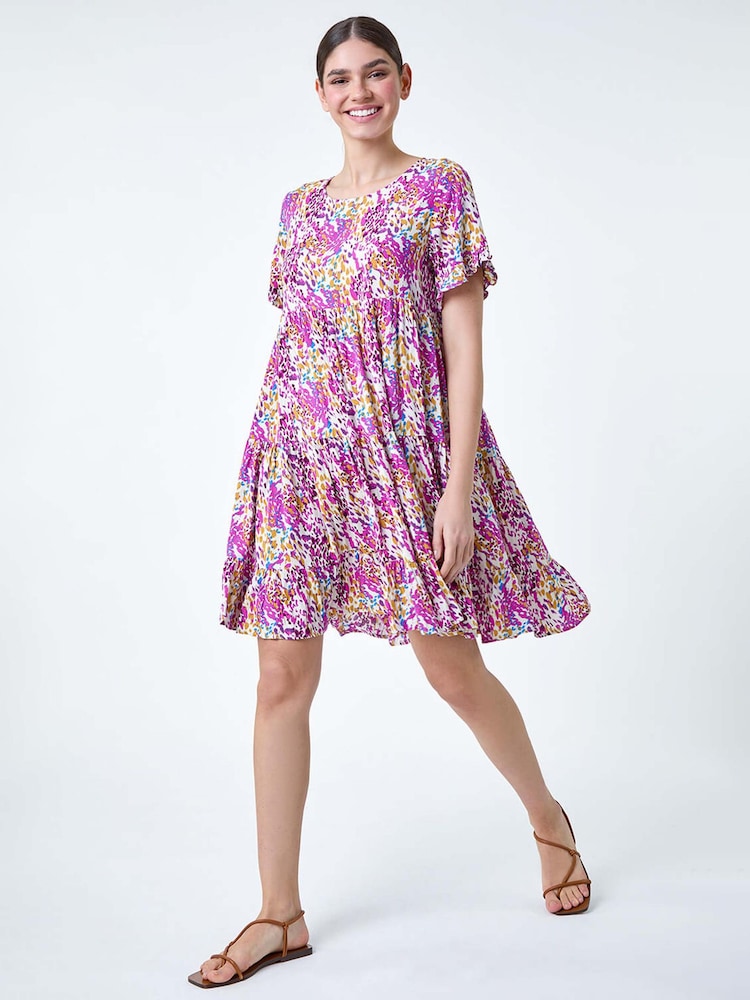 Roman Pink Abstract Print Tiered Smock Dress - Image 1 of 5