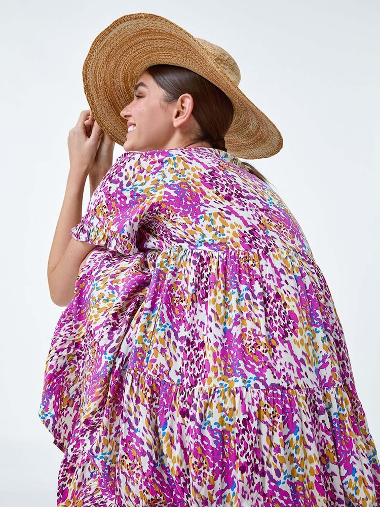 Roman Pink Abstract Print Tiered Smock Dress - Image 2 of 5