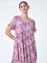 Roman Pink Abstract Print Tiered Smock Dress - Image 4 of 5