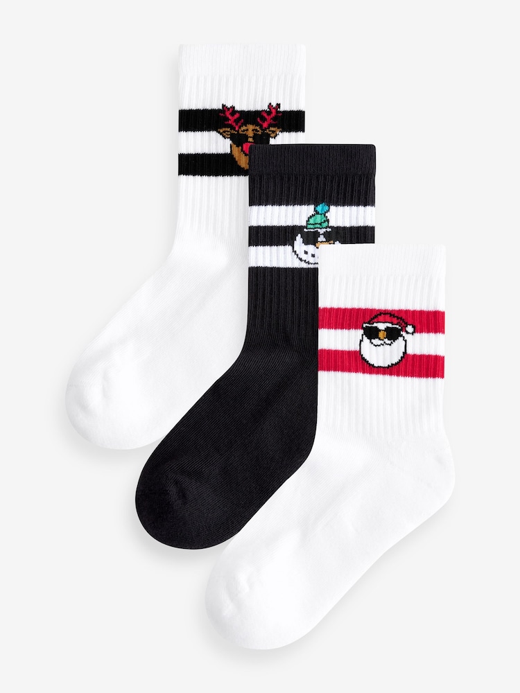 Christmas Santa Reindeer Snowman Cushioned Footbed Cotton Rich Ribbed Socks 3 Pack - Image 1 of 4