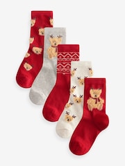 Red/Cream Bear Cotton Rich Christmas Socks 5 Pack - Image 1 of 8
