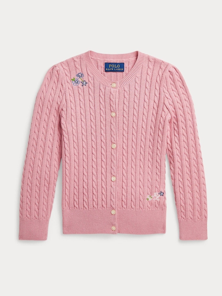 Polo Ralph Lauren Girl Pink Floral Detail Cable Knit 100% Cotton Cardigan - Image 1 of 3 Polo Ralph Lauren Girl Pink Floral Detail Cable Knit 100% Cotton Cardigan - Image 1 of 3