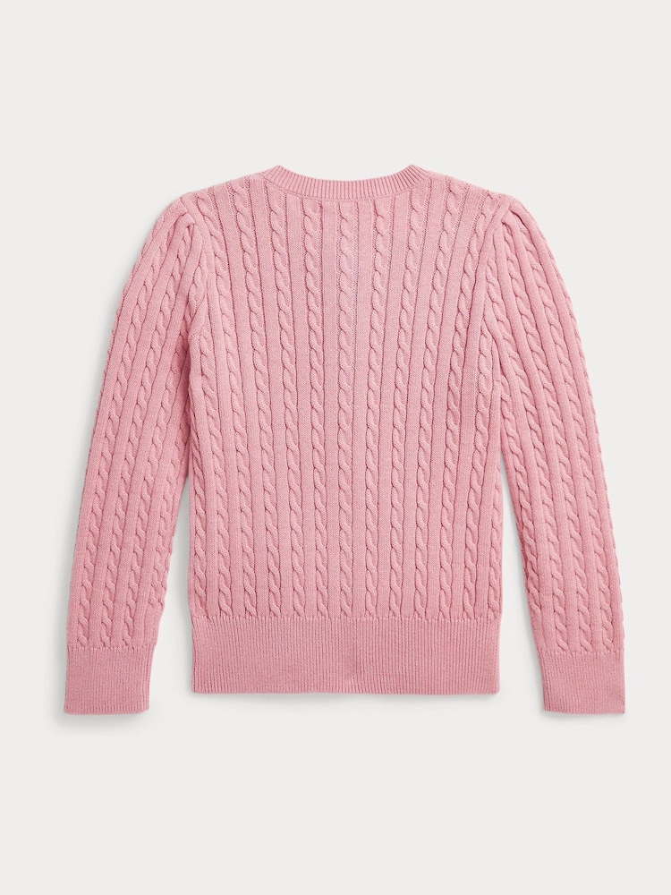 Polo Ralph Lauren Girl Pink Floral Detail Cable Knit 100% Cotton Cardigan - Image 2 of 3 Polo Ralph Lauren Girl Pink Floral Detail Cable Knit 100% Cotton Cardigan - Image 2 of 3